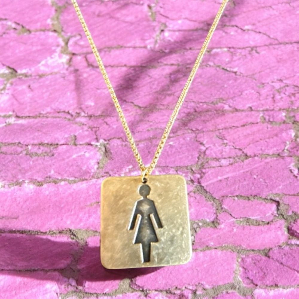 Handmade Necklace Female Form Figure Square Brass Pendant on a Dainty Gold Chain